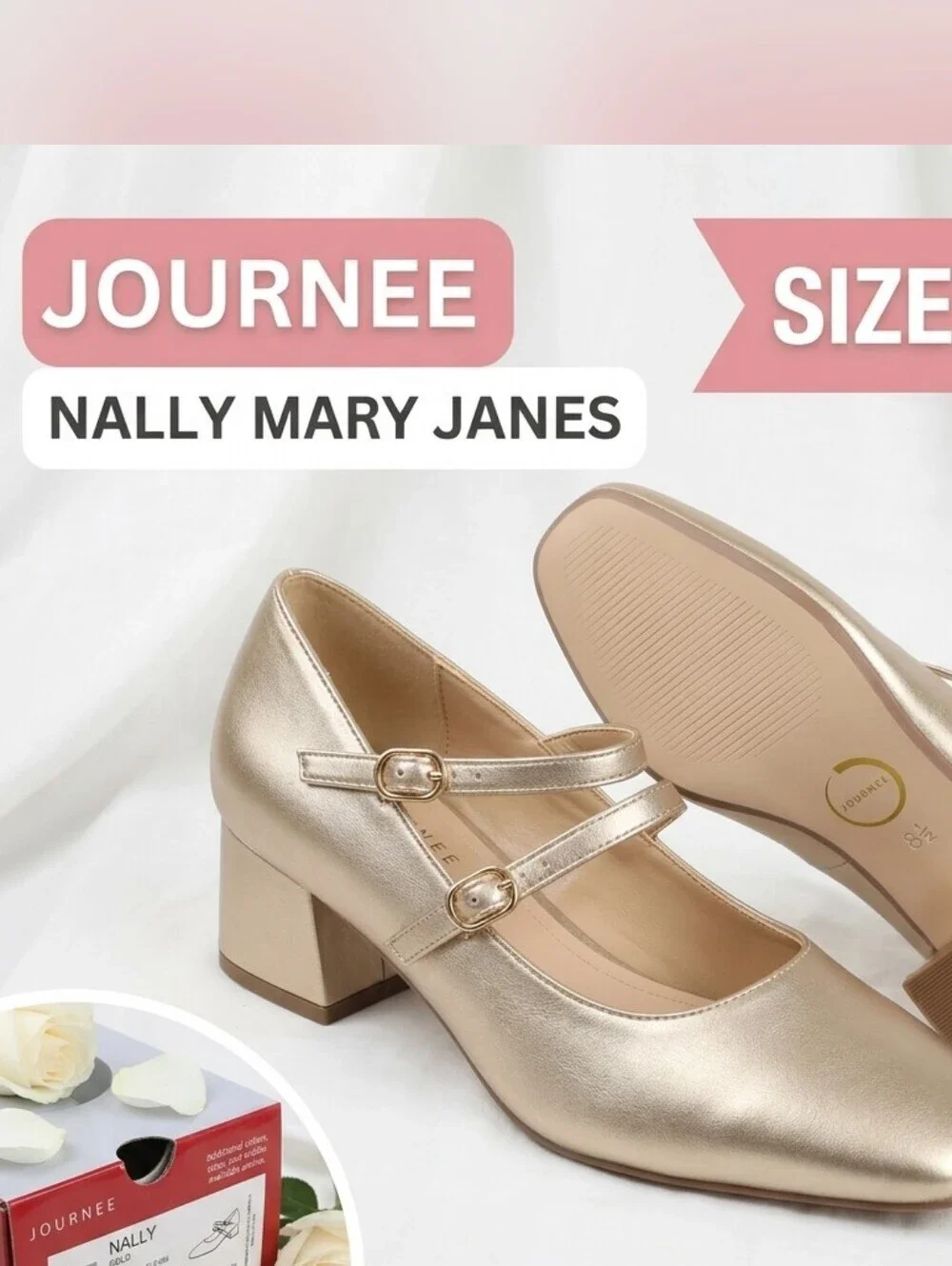 Journee Collection Nally Gold Mary Jane Block Heels Size 8.5M NIB